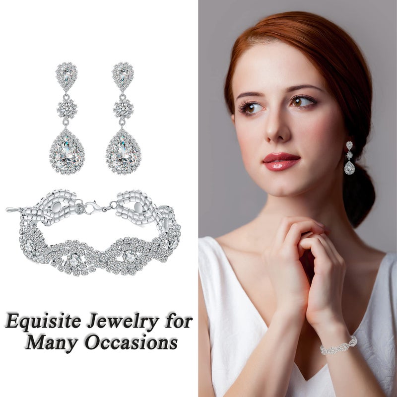 Paxuan Womens Wedding Bridal Earrings Bracelet Jewelry Sets Rhinestone Crystal Bracelets (Bracelet and Earrings Set) - Image 4